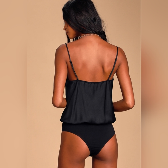Lulus | Emmerson Black Satin Sleeveless Cowl Neck Bodysuit | Draped | Small - Picture 12 of 13